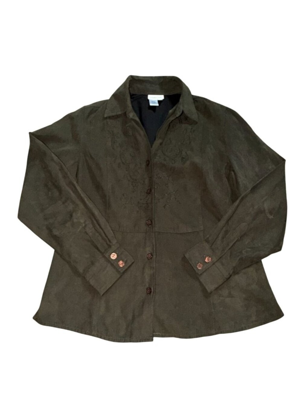 Coldwater Creek Faux Suede Embroidered Button Front Blouse-Green-M-GUC